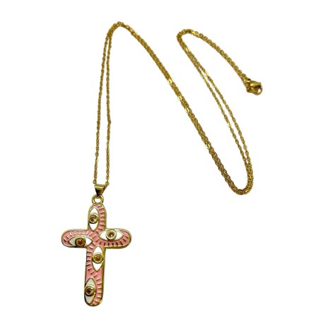 necklace steel chain gold cross metal pink1